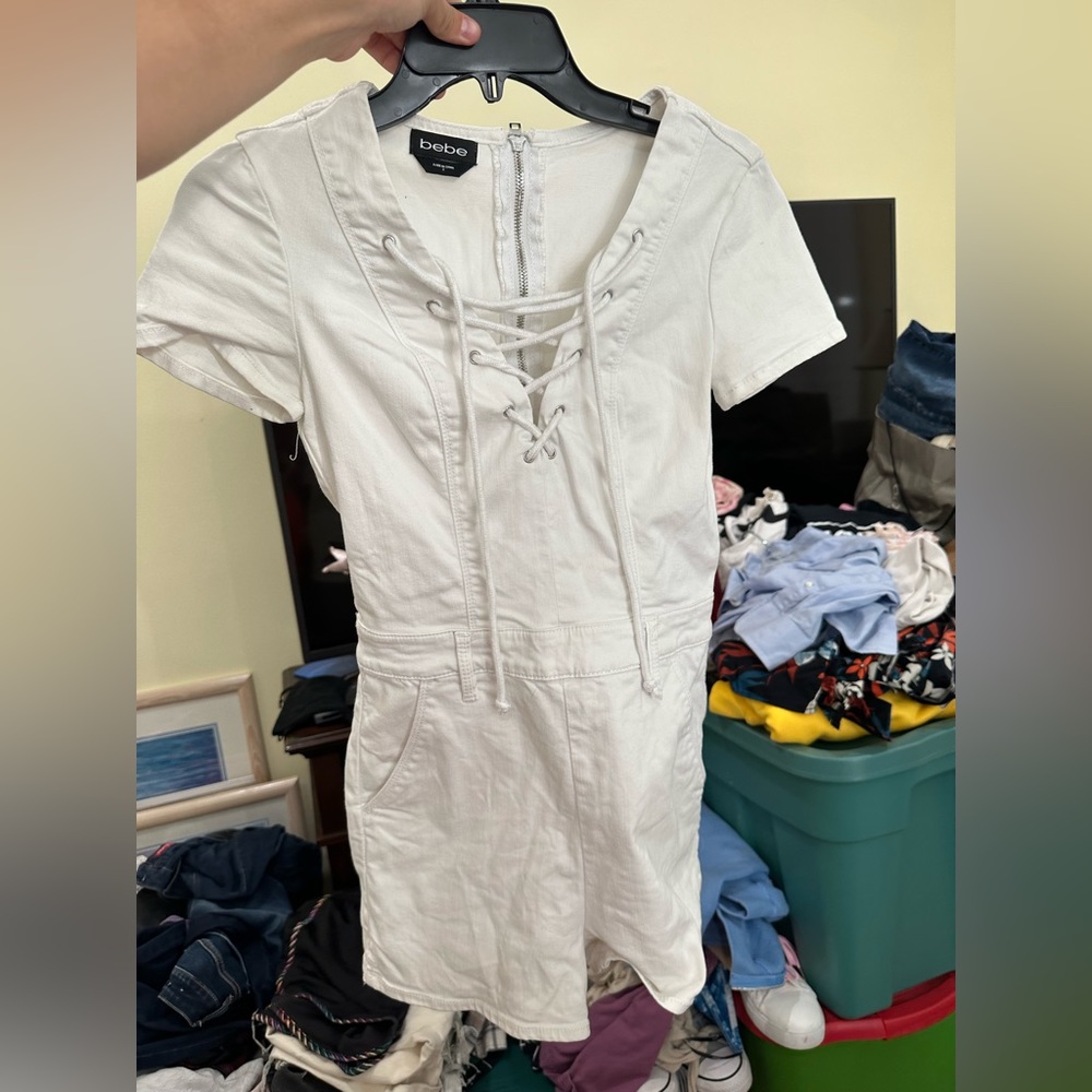 BeBe Denim Lace Up Romper White Size 2